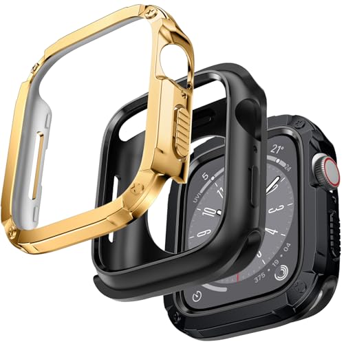Laffav 2 in 1 Hülle Kompatibel mit Apple Watch Series SE/6/5/4 44mm Schutzhülle und Series 9/8/7 45mm Schutzhülle mit Eingebaute Weiche TPU Schutzhülle,Hard PC Bumper Hülle für iWatch,SchwarzGold von Laffav
