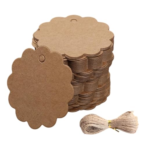 Packung mit 100 Etiketten für Geschenkanhänger, gewellte runde Kraftpapierkarten mit Juteschnur, für Hochzeitsgeschenke, Verpackungen, Partys, Wahl-Etiketten, Basteldekoration 6 cm x 6 cm, braun von Laluky