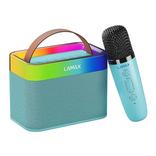 LAMAX KaraokeKid1 Blue, Tragbarer Kinderlautsprecher mit Karaoke-Modus und Karaoke-Mikrofon mit Sprachwechsler. Für Hören und Unterhaltung, Kinderdesign, Bluetooth 5.3, LED-Hintergrundbeleuchtung von Lamax