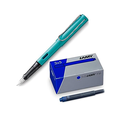 LAMY AL-star Set leichter Füllhalter aus Aluminium in turmaline mit ergonomischem Griff und polierter Stahlfeder Stichbreite M T10 3er Set Tintenpatronen, original Umkarton - Tinte blau von Lamy