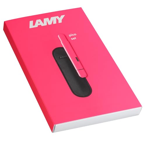 LAMY Set aus 1x pico kleiner Taschen-Kugelschreiber 288 aus Metall im Lack-Finish in neonpink und 1x Lederetui in der Farbe schwarz für ein Schreibgerät Strichbreite M in schwarz von Lamy