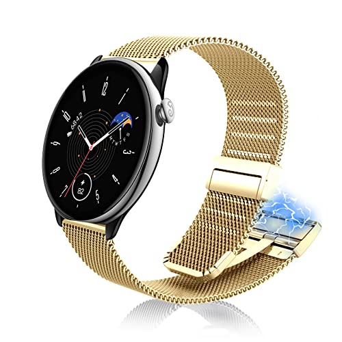 LanQii 20MM Edelstahl Uhrenarmband Kompatibel mit Amazfit GTR Mini/GTS 4/GTS 4 Mini/Bip 3/Bip 3 Pro, Schnellverschluss Mesh Metal Armband Magnetverschluss Ersatzarmband für GTS 3/GTS 2e/GTS -Golden von LanQii