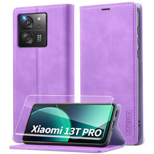 Handyhülle für Xiaomi 13T Hülle, Xiaomi 13T Pro Hülle mit Panzerglas, Premium PU Leder Schutzhülle, RFID Sperrung Flip Wallet Case für Xiaomi Mi 13T/13T Pro Klapphülle, Lila von Lanhiem