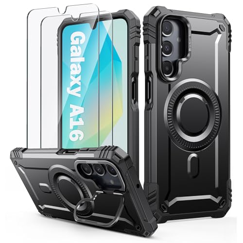 Lanhiem für Samsung Galaxy A16 5G / 4G Hülle für Magsafe mit Kamera Ständer und 2 Stück Schutzfolie, Handyhülle für Samsung A16 5G / 4G Schutzhülle Militär Stoßfest Case, Schwarz von Lanhiem