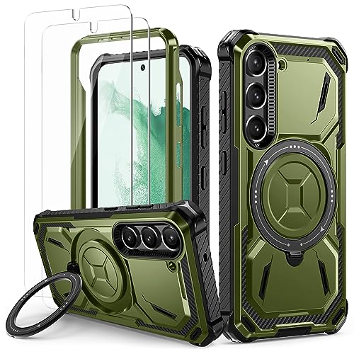 Lanhiem für Samsung Galaxy S22 Hülle mit 2 Stück Schutzfolie, 360 ° Ring Ständer Schutzhülle, Militärischer Stoßfest Handyhülle für Samsung S22 Case, Grün von Lanhiem