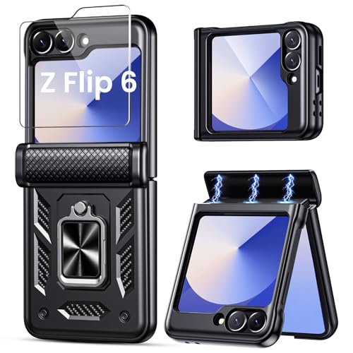 Lanhiem für Samsung Galaxy Z Flip 6 Hülle, für Samsung Galaxy Z Flip 5 Hülle mit Schutzfolie & Scharnierschutz, Magnetisch Ring Ständer Handyhülle, Militär Stoßfest Kratzfest Schutzhülle Case, Schwarz von Lanhiem