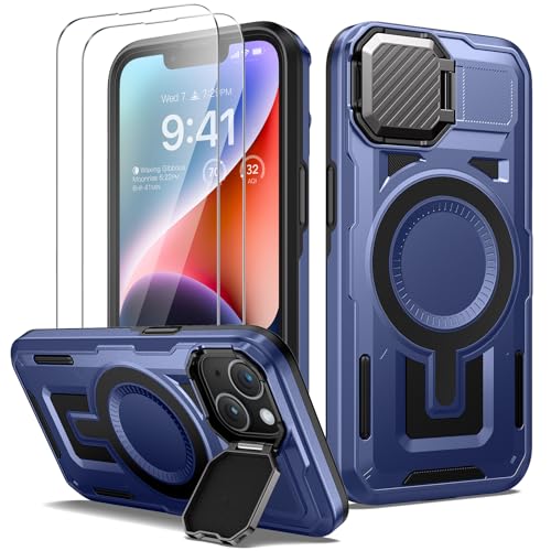 Lanhiem für iPhone 13/iPhone 14 Hülle mit Kameraschutz Ständer und 2 Stück Panzerglas, Magnetisch Handyhülle iPhone 13/ iPhone 14 Case Militär Stoßfest Outdoor Robust Schutzhülle Magnet Cover, Blau von Lanhiem