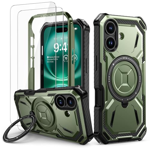 Lanhiem für iPhone 16 Hülle mit 2 Stück Schutzfolie, 360° Ring Ständer Schutzhülle, Militärischer Stoßfest Handyhülle für iPhone 16 Case, Grün von Lanhiem