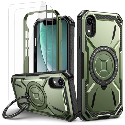 Lanhiem für iPhone XR Hülle mit 2 Stück Schutzfolie, 360° Ring Ständer Schutzhülle, Militärischer Stoßfest Handyhülle für iPhone XR Case, Grün von Lanhiem