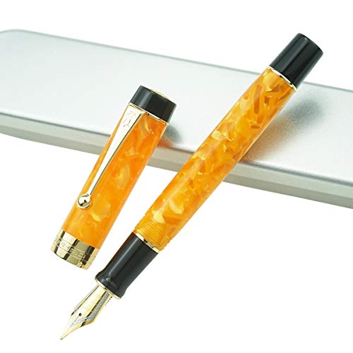 Jinhao 100 Series Füllfederhalter, Extra Feine Feder Gelb Marmor Farbe Harz Schaft Golden Trim mit Metall Stiftetui von Lanxivi