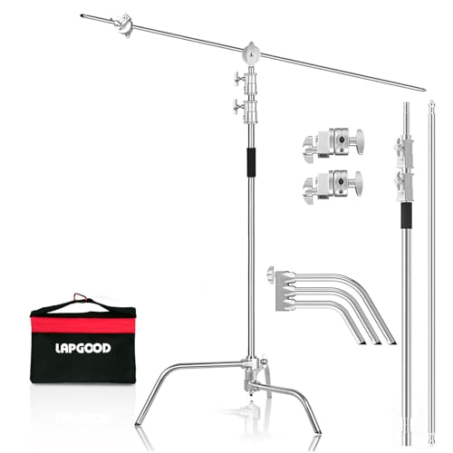 Lapgood C Stand 100% Edelstahl Heavy Duty mit Auslegerarm,Max Höhe 330cm Verstellbarer C Ständer Lampentständer mit 127cm Haltearm, 2 Griffköpfe für Studio Monolight, Softbox, Reflektor von Lapgood