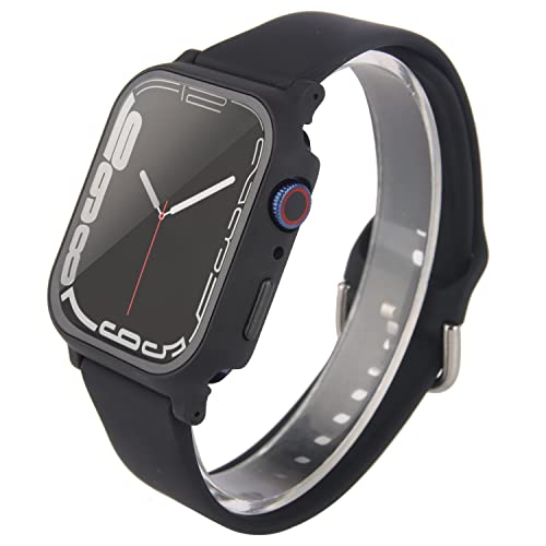 3-in-1 Armband für Apple Watch mit Hülle, 44 mm, seidiges Silikon-Sportarmband mit hartem Polycarbonat, eingebauter Displayschutz aus gehärtetem Glas, für iWatch SE Serie 6, 5, 4 (44 mm, Schwarz) von Lasllaves