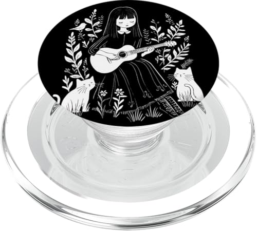 Girl Playing Guitar With Cats And Bird Illustration PopSockets PopGrip für MagSafe von Last Gasp Graphics