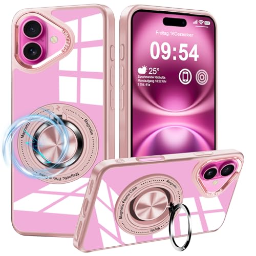 Layeri für iPhone 16 Hülle mit Magnetisch Ständer Militärschutz Kratzfest Handyhülle für iPhone 16 360° Metall Ring Stoßfest Bumper Transparent Rückseite Schutzhülle für iPhone 16 Case von Layeri