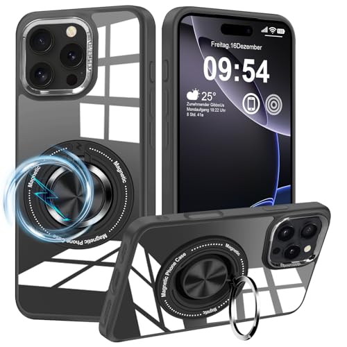 Layeri für iPhone 16 Pro Hülle mit Magnetisch Ständer Militärschutz Kratzfest Handyhülle für iPhone 16 Pro 360° Metall Ring Stoßfest Bumper Transparent Rückseite Schutzhülle für iPhone 16 Pro Case von Layeri