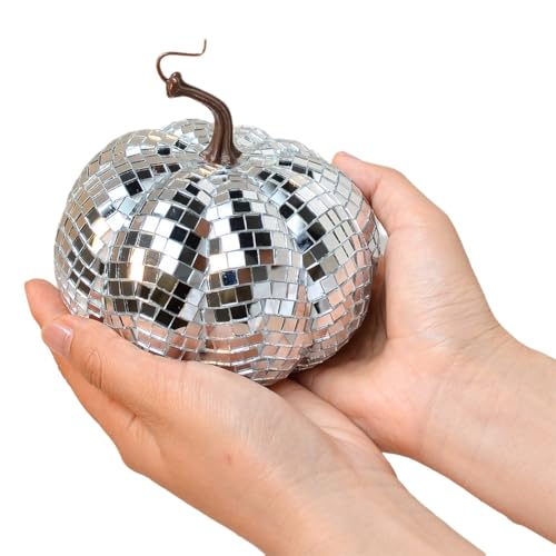 Lbvzxkad Silberne Verspiegelte Discokugel, Discokugel in Kürbisform, Geeignet für DJ-Clubpartys, Reflektierende Halloween-Kürbiskugel 12 cm von Lbvzxkad