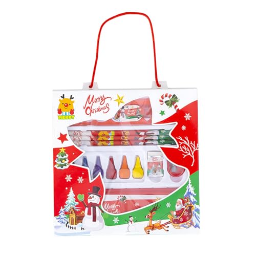 Schreibwaren-Set mit Weihnachtsmotiv für Kinder, Jungen, Mädchen, Weihnachts-Stiftetui, Holz, Bleistift, Buntstift, Lineal, Radiergummi, Spitzer von Ldabrye