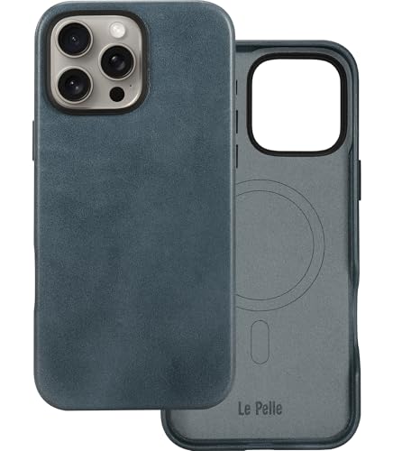 Le Pelle - Handgefertigte Premium-Schutzhülle aus italienischem Leder für iPhone 16 Pro Max – kompatibel mit Magsafe – zweifarbiger Effekt mit einzigartiger Patina im Laufe der Zeit – Nebelblau von Le Pelle