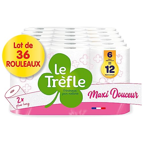 Le Trèfle Maxi Douceur Toilettenpapier – 36 Maxi-Rollen – 72 klassische Rollen – doppelte Dicke – 80% recycelte Kunststoffverpackung von Le Trèfle