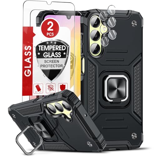 LeYi Handyhülle für Samsung Galaxy A25 5G Hülle kompatibel mit 2*Schutzfolie & 2*Kamera Schutzfolie, Militärischer Ständer Schutzhülle 360° Metall Ring Halter Stoßfest Hardcase Cover Schwarz von LeYi