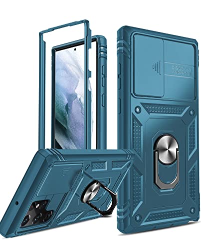 LeYi Hülle für Samsung Galaxy S22 Ultra 5G Objektivschutz Schutzhülle(Nicht S22 5G)(Nein Schutzfolie), Militärische Rüstung Ringhalter Hybrid Case Kamera Klappe Handyhülle Handy Hüllen Cover Blau von LeYi