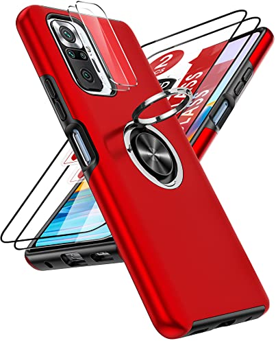 LeYi Hülle für Xiaomi Redmi Note 10 Pro/Note 10 Pro Max Handyhülle mit 2*Panzerfolie & 2*Kamera Folie, TPU+PC Hybrid Schutzhülle mit 360° Drehbar Ring Halter Ständer Stoßfest Case Cover Rot von LeYi