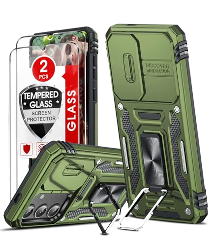 LeYi Kameraschutz Handyhülle für Samsung Galaxy S24 5G Hülle [2 Glasfolie Schutzfolie], Militär Standard Handy Hüllen Ständer Schutzhülle Outdoor Kratzfest Cover S 24 5G Case Dunkelgrün von LeYi