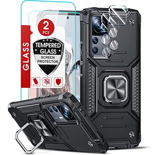 LeYi Metallring Hülle für Xiaomi 12T/12T Pro Stoßfest Schutzhülle mit 2*Schutzglas&2 Stück Kamera-Objektiv Folie, Militärischer Ständer Handyhülle PC TPU Cover Rugged Armor Kratzschutz Case Schwarz von LeYi