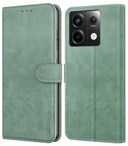 Leacckl Handyhülle für Xiaomi Redmi Note 13 Pro 5G Hülle/Poco X6 5G Hülle, Premium PU Leder Brieftasche Stoßfeste [Magnet] [Standfunktion] [Kartenfächern] Schutzhülle Klapphülle Flip Case, Grün von Leacckl