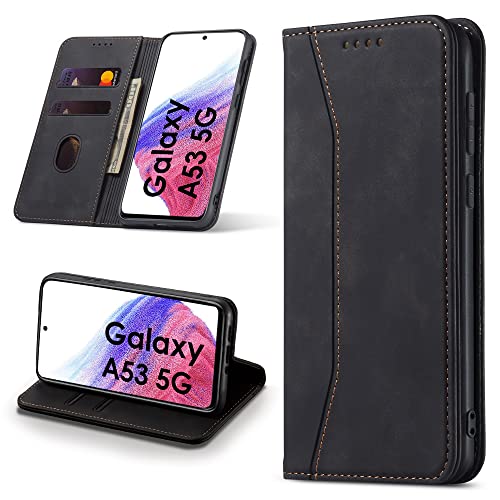 Leaisan Handyhülle für Samsung Galaxy A53 5G Hülle Premium Leder Flip Klappbare Stoßfeste Magnetische [Standfunktion] [Kartenfächern] Schutzhülle für Samsung A53 5G Tasche - Schwarz von Leaisan