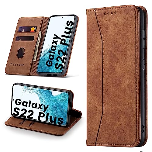 Leaisan Handyhülle für Samsung Galaxy S22 Plus/S22+ Hülle Premium Leder Flip Klappbare Stoßfeste Magnetische [Standfunktion] [Kartenfächern] Schutzhülle für Samsung S22 Plus/S22+ Tasche - Braun von Leaisan