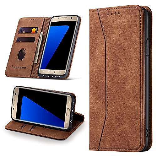 Leaisan Handyhülle für Samsung Galaxy S7 Hülle Premium Leder Flip Klappbare Stoßfeste Magnetische [Standfunktion] [Kartenfächern] Schutzhülle für Samsung Galaxy S7 Tasche - Braun von Leaisan