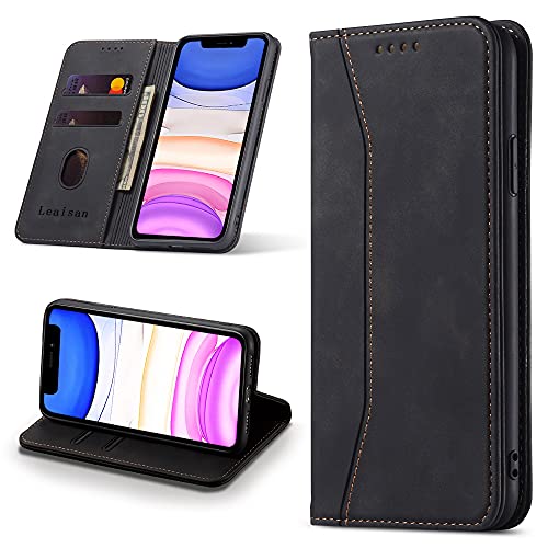 Leaisan Handyhülle für iPhone 11 Hülle Premium Leder Flip Klappbare Stoßfeste Magnetische [Standfunktion] [Kartenfächern] Schutzhülle für iPhone 11 Tasche - Schwarz von Leaisan