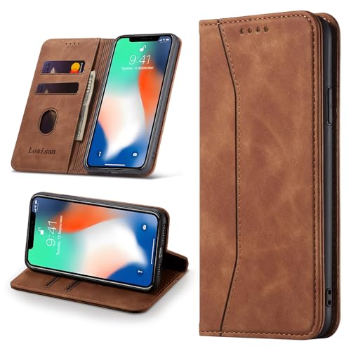 Leaisan Handyhülle für iPhone XS/X Hülle Premium Leder Flip Klappbare Stoßfeste Magnetische [Standfunktion] [Kartenfächern] Schutzhülle für iPhone XS/X 5,8 Zoll Tasche - Braun von Leaisan