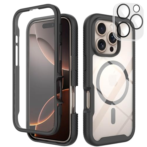 Leedia Handyhülle Kompatibel mit Magsafe iPhone 16 Pro Hülle 360 Grad mit Eingebautem Displayschutz Kameraschutz Stoßfest iPhone 16 Pro Schutzhülle Transparent Case für iPhone 16 Pro 6,3" Schwarz von Leedia