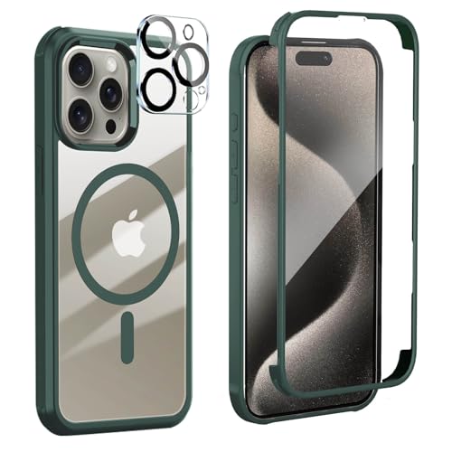 Leedia Handyhülle Kompatibel mit iPhone 15 Pro Max Magsafe Hülle 360 Grad Ganzkörper Eingebauter Panzerglas Displayschutz Schutzfolie Case Stoßfest Schutzhülle für iPhone 15 Pro Max 6.7" Grün von Leedia