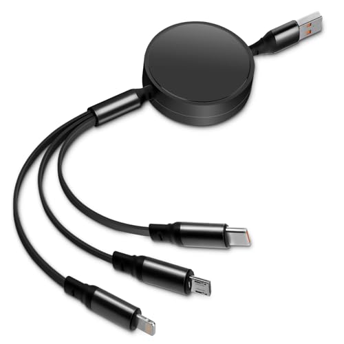 Multi USB Kabel [6 A 1,2 m] Einziehbares 3-in-1 Universalkabel Multi Ladegerät Schnellladegerät mit Lightning USB Typ C Micro USB für iPhone Samsung Galaxy Huawei Honor OnePlus (schwarz) von Leikedun