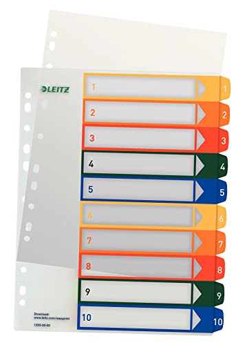Leitz Register für A4, PC-beschriftbares Deckblatt und 10 Trennblätter, Taben mit Zahlenaufdruck 1-10, Überbreite, Weiß/Mehrfarbig, Polypropylen, 12930000 von Leitz