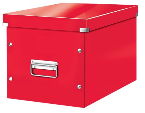 Leitz Click & Store Aufbewahrungsbox mit Deckel Groß, Würfelbox passend für Kallax Regale in Wohnzimmer oder Büro, Box aus 80 % recycelter Premium-Hartpappe, Stabile Metallgriffe, Rot, 61080026 von Leitz