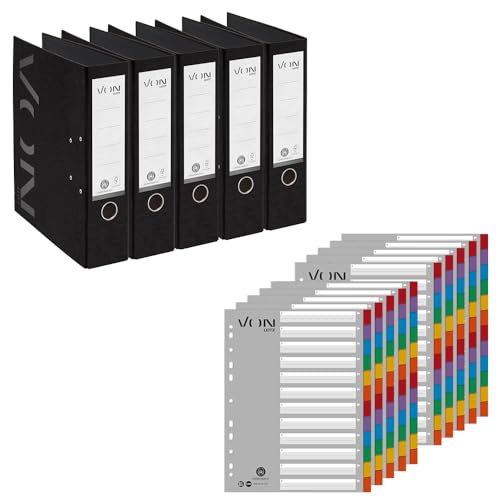 VON Leitz Set Ordner mit Register, 5er Pack Ordner A4, 100% Recyclingkarton, 80 mm Rückenbreite, Für 600 Blatt, Schwarz, 10570095 & 10er Pack 12-teiliges Register A4, 13010000 von Leitz