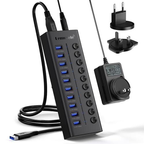 Lemorele USB 3.0 Powered 10 Port Gen 1 Hub mit Netzteil, Unabhängige Leistungsschalter, 12V 2A USB Netzteil Adapter 1 von Lemorele