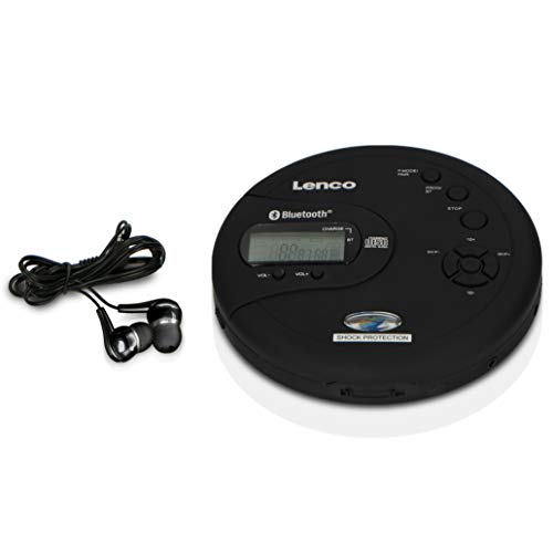 Lenco CD-300 - Tragbarer CD-Player Walkman - Bluetooth Diskman - CD Walkman - MP3 Funktion - Antishock - 2 x 2000mAh Akku - Kopfhörer - Micro USB Ladekabel - Schwarz von Lenco