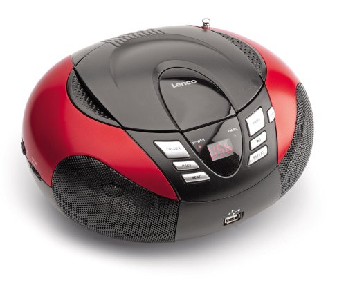 Lenco SCD-37 - CD-Player für Kinder - CD-Radio - Stereoanlage - Boombox - UKW Radiotuner - USB Anschluss - MP3 - 2 x 1,5 W RMS-Leistung - Netz- und Batteriebetrieb - Rot von Lenco