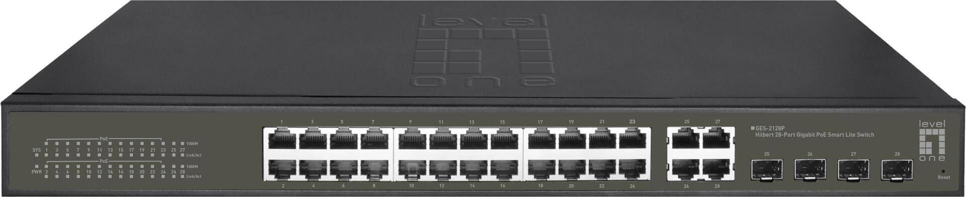 LevelOne Hilbert 28-Port Gigabit PoE Smart Lite Switch - 24 PoE Ausgänge - 4 x Gigabit SFP/RJ45 Combo - 802.3at/af PoE - 380W PoE-Leistungsbudget (GES-2128P) von LevelOne