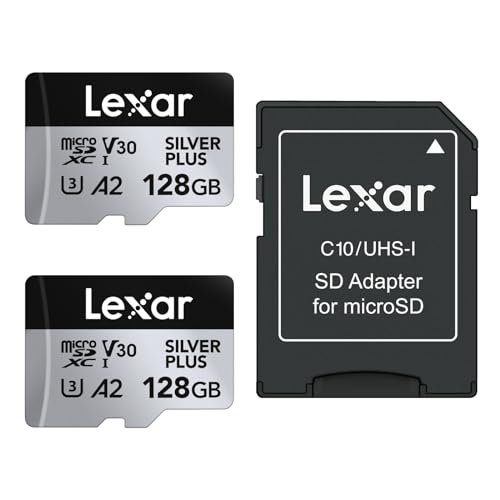 Lexar Silver Plus Micro SD Karte 128GB 2-Pack, Bis zu 205 MB/s Lesegeschwindigkeit, 150MB/s Schreibgeschwindigkeit, Speicherkarte Micro SD mit Adapter, UHS-I, A2, U3, V30, Klasse 10, 4K UHD microSDXC von Lexar