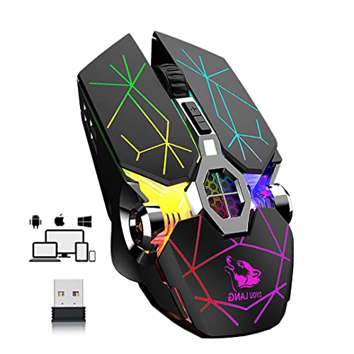 Gaming-Maus, RGB-beleuchtete Spielmäuse, Drahtlose wiederaufladbare Silent-Maus, 6 Tasten 2400 DPI für Laptop-PC Windows Mac Linux OSX-Notebook-Home-Office-Spiele Mehrere Funktionen (schwarz) von LexonElec