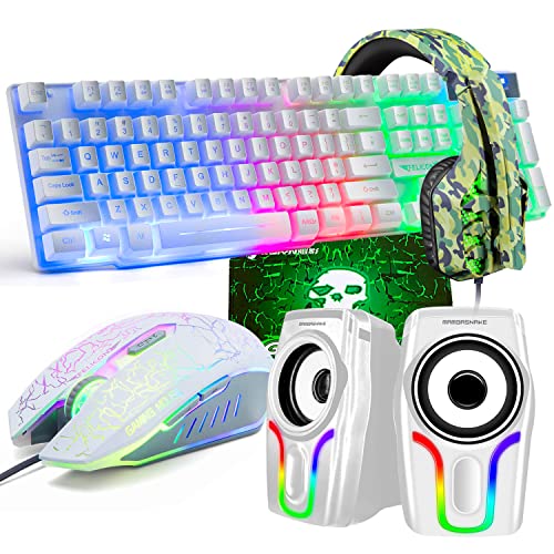 kabelgebundene Gaming-Tastatur mit Regenbogen-Hintergrundbeleuchtung, USB-Tastatur+2400 DPI 6 Tasten optische Regenbogen-LED-Gaming-Maus+Gaming-Headset+RGB-Lautsprecher+Mauspads für Computer/PC (weiß) von LexonTech