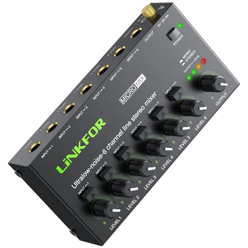 LiNKFOR 6 Kanal Mini Stereo Audio Mixer Ultrakompakter Audiomixer Unabhängige Lautstärkeregelung für Mischungen, DC 5V Type-C Mini-Audiomischer mit Netzteil Audiokabel - Ultra Niedrig Noise von LiNKFOR