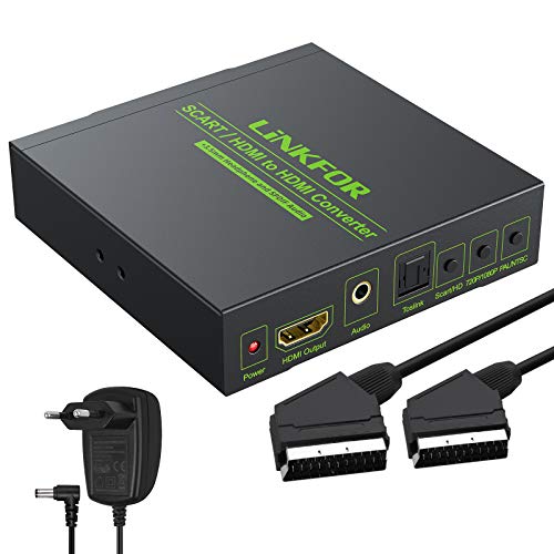 LiNKFOR HDMI Scart Adapter Scart auf HDMI Konverter 720p / 1080p SCART auf HDMI Adapter mit 3.5mm Koaxial Audio Ausgang Unterstützt NTSC & PAL für HDTV STB PS3 Sky BLU-RAY DVD mit Netzteil von LiNKFOR