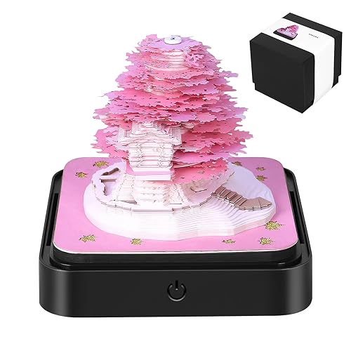 Schreibtischkalender mit Lichtern, 2025 Schreibtisch Kalender 3D Memo Pad Papier Kunst Sakura Baum Kreative 3D Notizblock Papier Schnitzen Geschenk Desktop Dekoration (Rosa Baum) von Liamostee